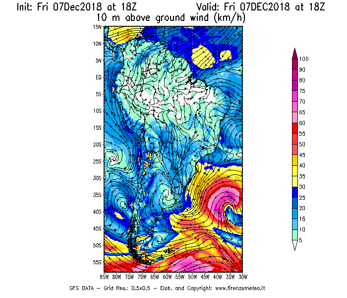 Mappa di analisi GFS - Velocità del vento a 10 metri dal suolo [km/h] in Sud-America
							del 07/12/2018 18 <!--googleoff: index-->UTC<!--googleon: index-->