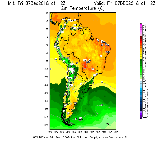Mappa di analisi GFS - Temperatura a 2 metri dal suolo [°C] in Sud-America
							del 07/12/2018 12 <!--googleoff: index-->UTC<!--googleon: index-->
