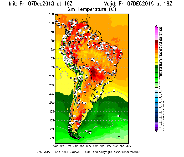 Mappa di analisi GFS - Temperatura a 2 metri dal suolo [°C] in Sud-America
							del 07/12/2018 18 <!--googleoff: index-->UTC<!--googleon: index-->