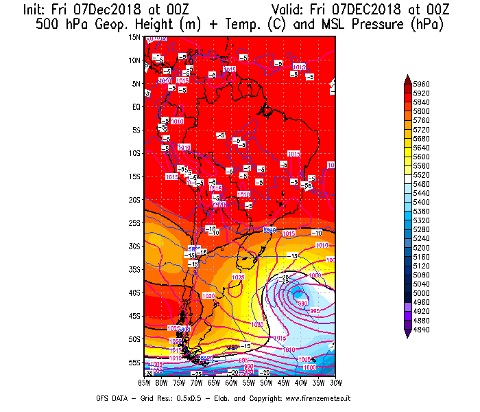 Mappa di analisi GFS - Geopotenziale [m] + Temp. [°C] a 500 hPa + Press. a livello del mare [hPa] in Sud-America
							del 07/12/2018 00 <!--googleoff: index-->UTC<!--googleon: index-->
