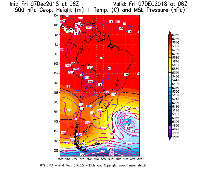 Mappa di analisi GFS - Geopotenziale [m] + Temp. [°C] a 500 hPa + Press. a livello del mare [hPa] in Sud-America
							del 07/12/2018 06 <!--googleoff: index-->UTC<!--googleon: index-->
