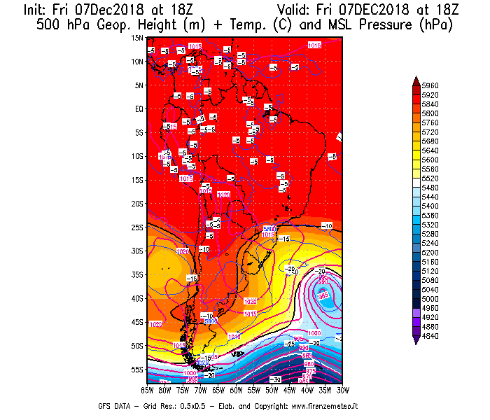 Mappa di analisi GFS - Geopotenziale [m] + Temp. [°C] a 500 hPa + Press. a livello del mare [hPa] in Sud-America
							del 07/12/2018 18 <!--googleoff: index-->UTC<!--googleon: index-->