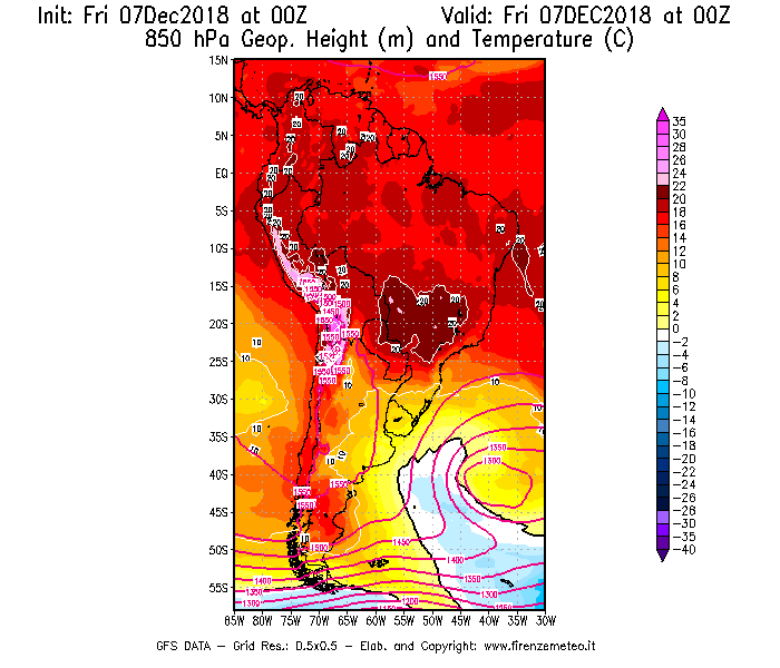 Mappa di analisi GFS - Geopotenziale [m] e Temperatura [°C] a 850 hPa in Sud-America
							del 07/12/2018 00 <!--googleoff: index-->UTC<!--googleon: index-->