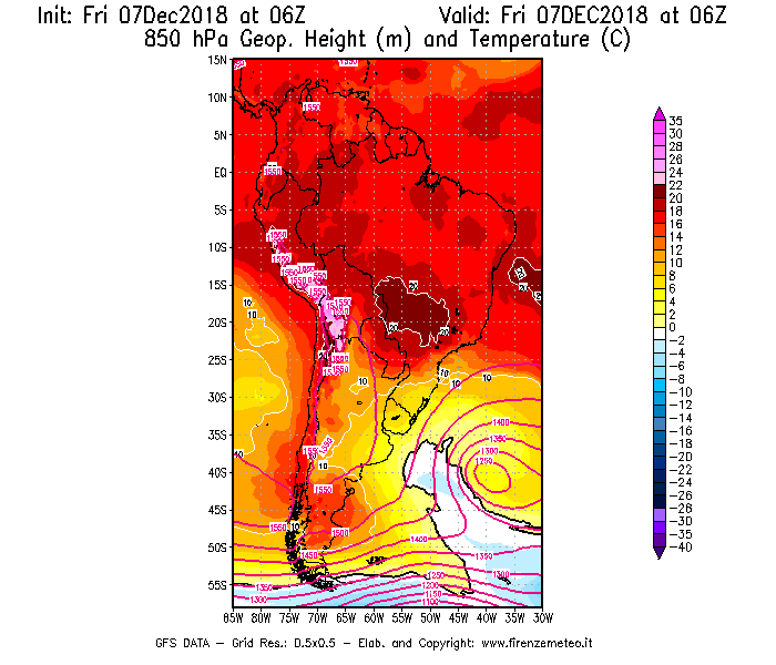 Mappa di analisi GFS - Geopotenziale [m] e Temperatura [°C] a 850 hPa in Sud-America
							del 07/12/2018 06 <!--googleoff: index-->UTC<!--googleon: index-->