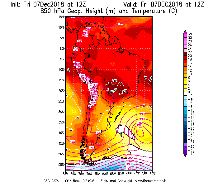 Mappa di analisi GFS - Geopotenziale [m] e Temperatura [°C] a 850 hPa in Sud-America
							del 07/12/2018 12 <!--googleoff: index-->UTC<!--googleon: index-->
