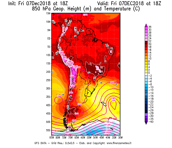 Mappa di analisi GFS - Geopotenziale [m] e Temperatura [°C] a 850 hPa in Sud-America
							del 07/12/2018 18 <!--googleoff: index-->UTC<!--googleon: index-->