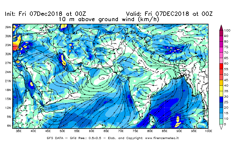 Mappa di analisi GFS - Velocità del vento a 10 metri dal suolo [km/h] in Asia Sud-Occidentale
							del 07/12/2018 00 <!--googleoff: index-->UTC<!--googleon: index-->