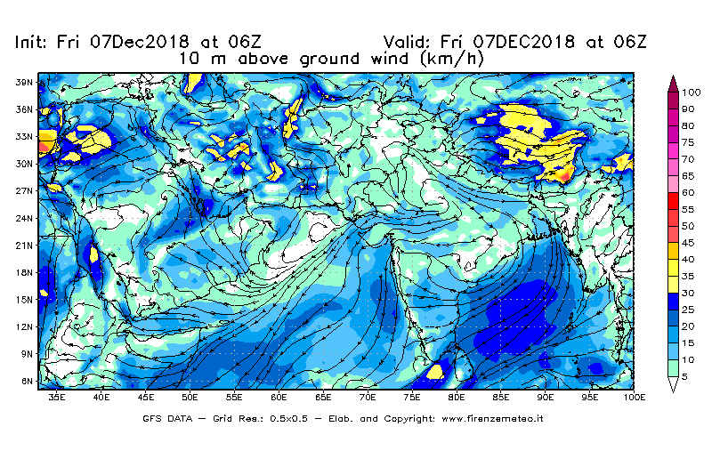 Mappa di analisi GFS - Velocità del vento a 10 metri dal suolo [km/h] in Asia Sud-Occidentale
							del 07/12/2018 06 <!--googleoff: index-->UTC<!--googleon: index-->