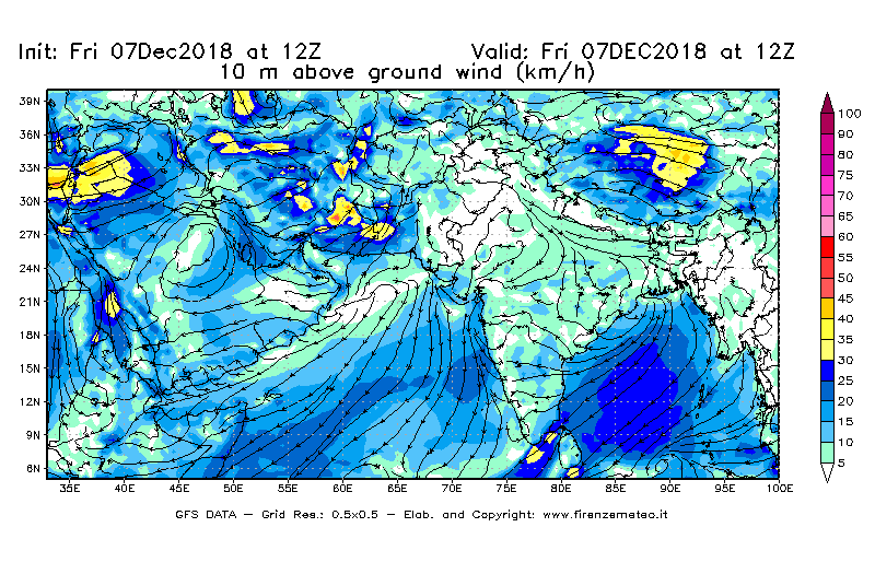 Mappa di analisi GFS - Velocità del vento a 10 metri dal suolo [km/h] in Asia Sud-Occidentale
							del 07/12/2018 12 <!--googleoff: index-->UTC<!--googleon: index-->