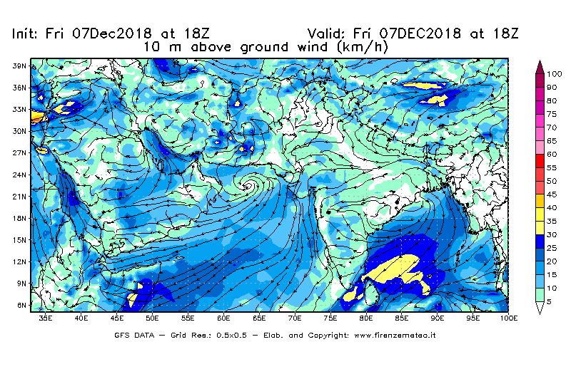 Mappa di analisi GFS - Velocità del vento a 10 metri dal suolo [km/h] in Asia Sud-Occidentale
							del 07/12/2018 18 <!--googleoff: index-->UTC<!--googleon: index-->