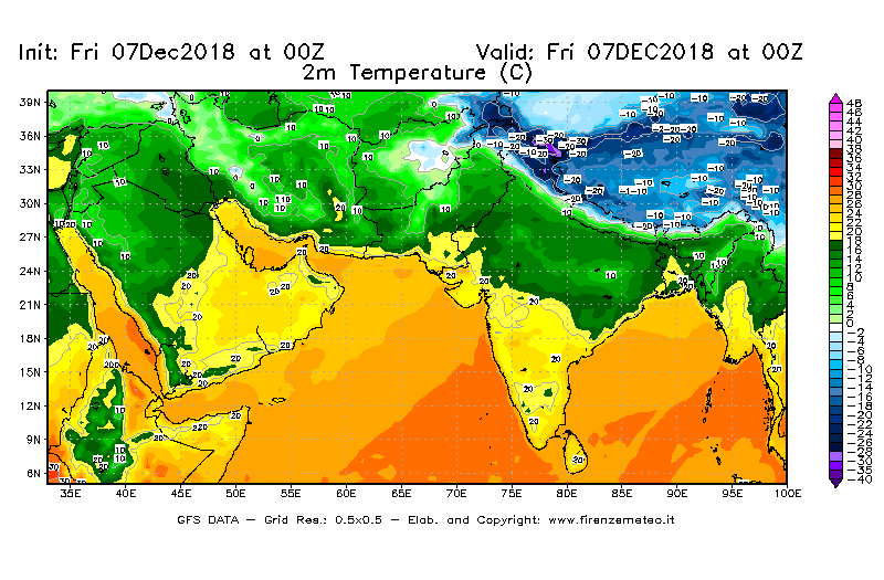 Mappa di analisi GFS - Temperatura a 2 metri dal suolo [°C] in Asia Sud-Occidentale
							del 07/12/2018 00 <!--googleoff: index-->UTC<!--googleon: index-->