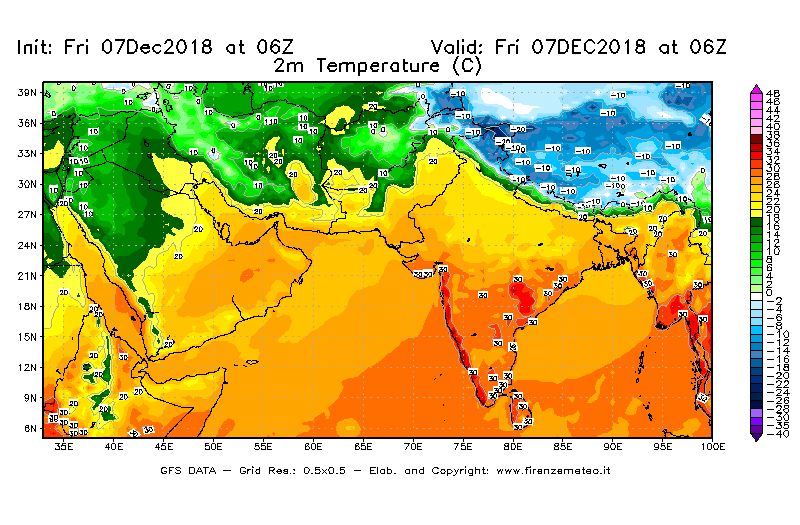 Mappa di analisi GFS - Temperatura a 2 metri dal suolo [°C] in Asia Sud-Occidentale
							del 07/12/2018 06 <!--googleoff: index-->UTC<!--googleon: index-->