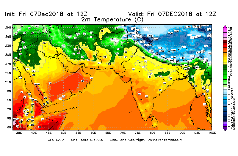 Mappa di analisi GFS - Temperatura a 2 metri dal suolo [°C] in Asia Sud-Occidentale
							del 07/12/2018 12 <!--googleoff: index-->UTC<!--googleon: index-->