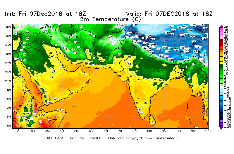 Mappa di analisi GFS - Temperatura a 2 metri dal suolo [°C] in Asia Sud-Occidentale
							del 07/12/2018 18 <!--googleoff: index-->UTC<!--googleon: index-->