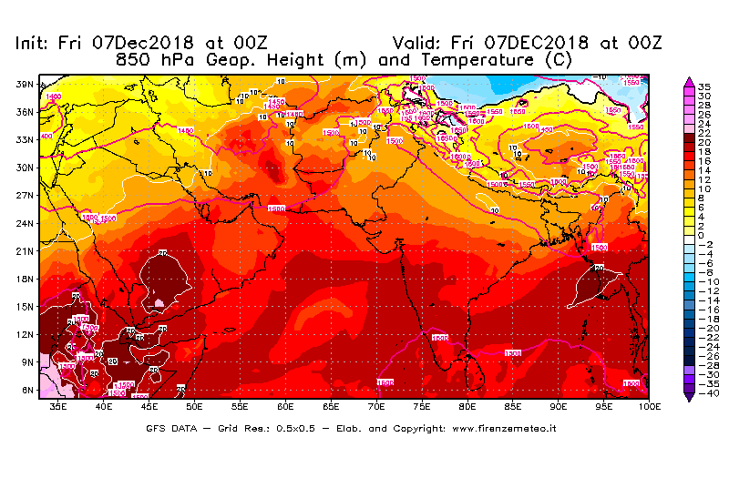 Mappa di analisi GFS - Geopotenziale [m] e Temperatura [°C] a 850 hPa in Asia Sud-Occidentale
							del 07/12/2018 00 <!--googleoff: index-->UTC<!--googleon: index-->