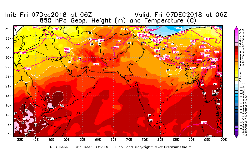 Mappa di analisi GFS - Geopotenziale [m] e Temperatura [°C] a 850 hPa in Asia Sud-Occidentale
							del 07/12/2018 06 <!--googleoff: index-->UTC<!--googleon: index-->