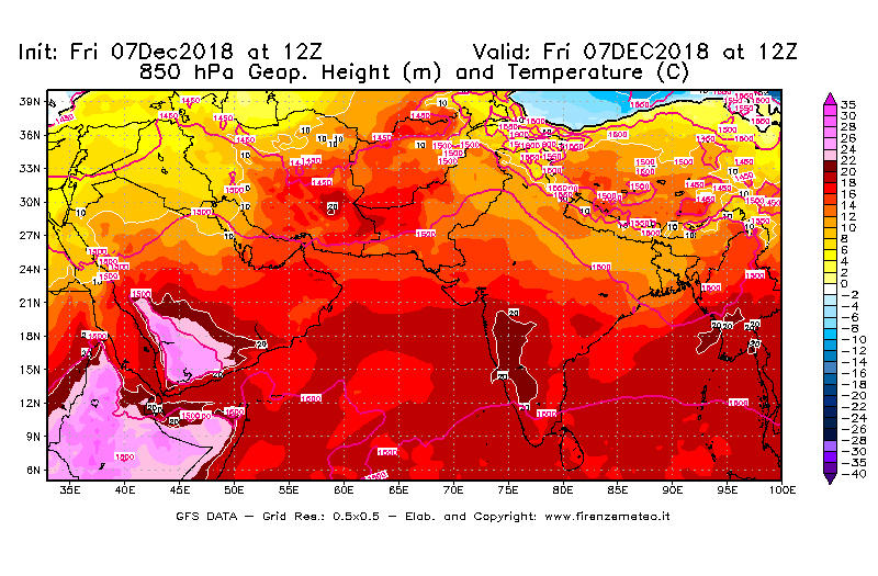 Mappa di analisi GFS - Geopotenziale [m] e Temperatura [°C] a 850 hPa in Asia Sud-Occidentale
							del 07/12/2018 12 <!--googleoff: index-->UTC<!--googleon: index-->