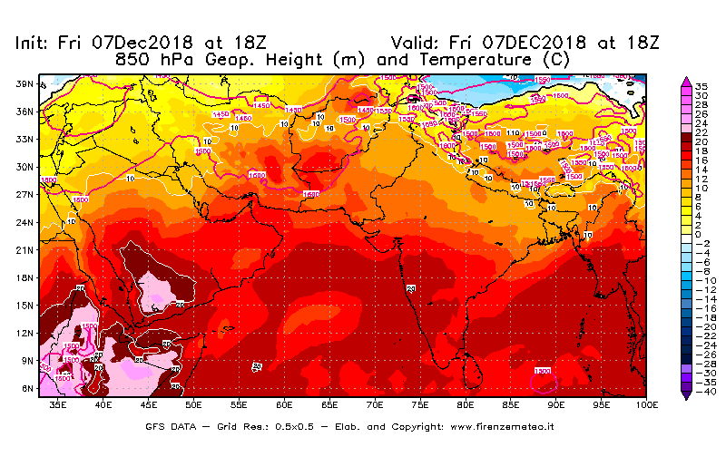 Mappa di analisi GFS - Geopotenziale [m] e Temperatura [°C] a 850 hPa in Asia Sud-Occidentale
							del 07/12/2018 18 <!--googleoff: index-->UTC<!--googleon: index-->