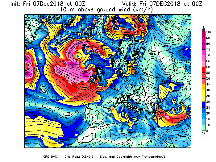 Mappa di analisi GFS - Velocità del vento a 10 metri dal suolo [km/h] in Europa
							del 07/12/2018 00 <!--googleoff: index-->UTC<!--googleon: index-->