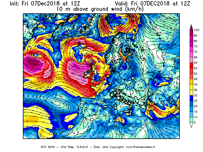 Mappa di analisi GFS - Velocità del vento a 10 metri dal suolo [km/h] in Europa
							del 07/12/2018 12 <!--googleoff: index-->UTC<!--googleon: index-->