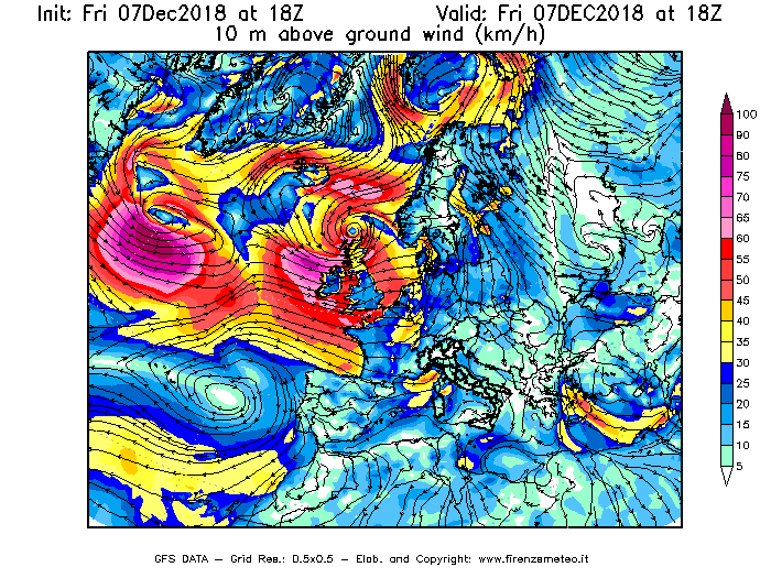 Mappa di analisi GFS - Velocità del vento a 10 metri dal suolo [km/h] in Europa
							del 07/12/2018 18 <!--googleoff: index-->UTC<!--googleon: index-->