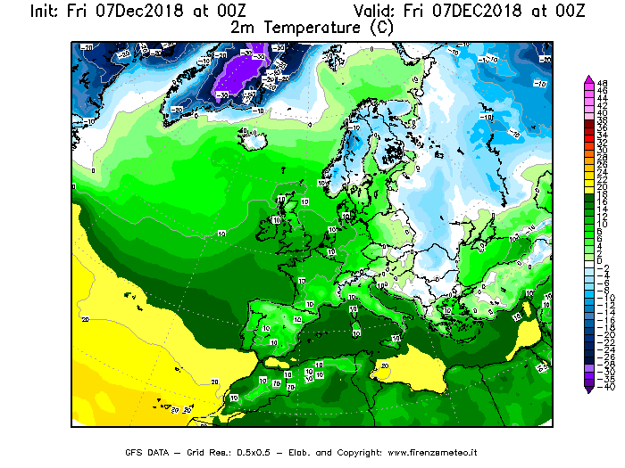 Mappa di analisi GFS - Temperatura a 2 metri dal suolo [°C] in Europa
							del 07/12/2018 00 <!--googleoff: index-->UTC<!--googleon: index-->