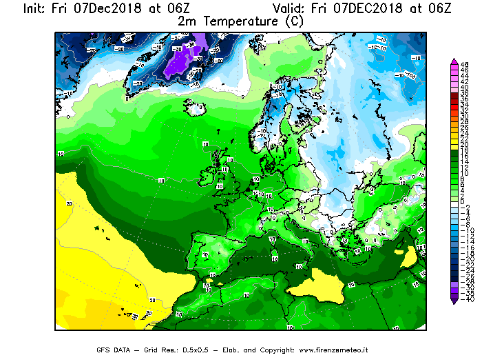 Mappa di analisi GFS - Temperatura a 2 metri dal suolo [°C] in Europa
							del 07/12/2018 06 <!--googleoff: index-->UTC<!--googleon: index-->