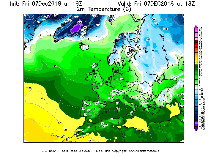 Mappa di analisi GFS - Temperatura a 2 metri dal suolo [°C] in Europa
							del 07/12/2018 18 <!--googleoff: index-->UTC<!--googleon: index-->