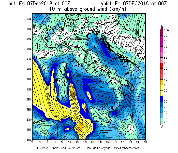 Mappa di analisi GFS - Velocità del vento a 10 metri dal suolo [km/h] in Italia
							del 07/12/2018 00 <!--googleoff: index-->UTC<!--googleon: index-->