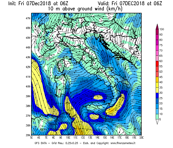 Mappa di analisi GFS - Velocità del vento a 10 metri dal suolo [km/h] in Italia
							del 07/12/2018 06 <!--googleoff: index-->UTC<!--googleon: index-->