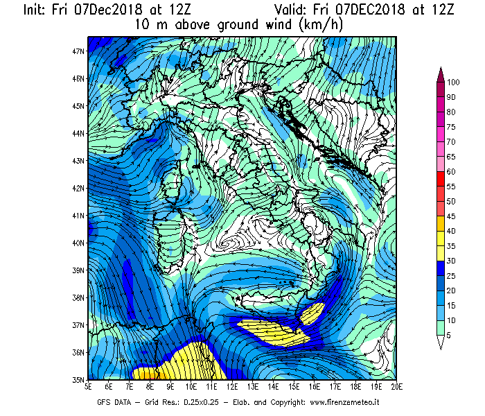 Mappa di analisi GFS - Velocità del vento a 10 metri dal suolo [km/h] in Italia
							del 07/12/2018 12 <!--googleoff: index-->UTC<!--googleon: index-->