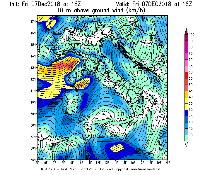 Mappa di analisi GFS - Velocità del vento a 10 metri dal suolo [km/h] in Italia
							del 07/12/2018 18 <!--googleoff: index-->UTC<!--googleon: index-->