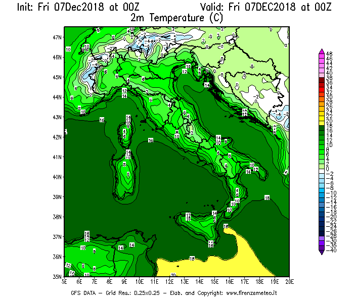 Mappa di analisi GFS - Temperatura a 2 metri dal suolo [°C] in Italia
							del 07/12/2018 00 <!--googleoff: index-->UTC<!--googleon: index-->