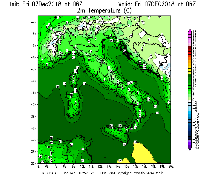 Mappa di analisi GFS - Temperatura a 2 metri dal suolo [°C] in Italia
							del 07/12/2018 06 <!--googleoff: index-->UTC<!--googleon: index-->