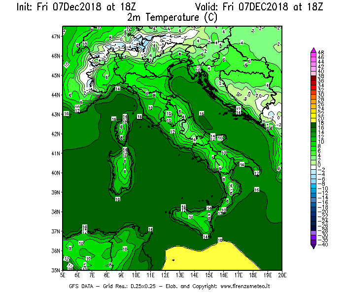 Mappa di analisi GFS - Temperatura a 2 metri dal suolo [°C] in Italia
							del 07/12/2018 18 <!--googleoff: index-->UTC<!--googleon: index-->