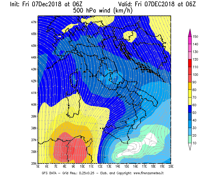 Mappa di analisi GFS - Velocità del vento a 500 hPa [km/h] in Italia
							del 07/12/2018 06 <!--googleoff: index-->UTC<!--googleon: index-->