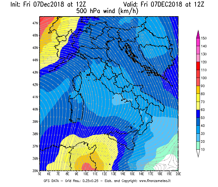 Mappa di analisi GFS - Velocità del vento a 500 hPa [km/h] in Italia
							del 07/12/2018 12 <!--googleoff: index-->UTC<!--googleon: index-->
