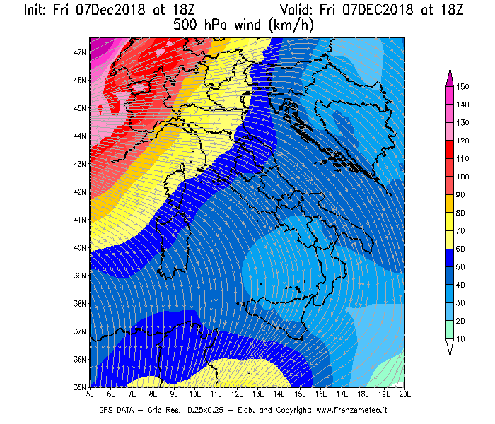 Mappa di analisi GFS - Velocità del vento a 500 hPa [km/h] in Italia
							del 07/12/2018 18 <!--googleoff: index-->UTC<!--googleon: index-->