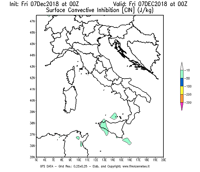Mappa di analisi GFS - CIN [J/kg] in Italia
							del 07/12/2018 00 <!--googleoff: index-->UTC<!--googleon: index-->