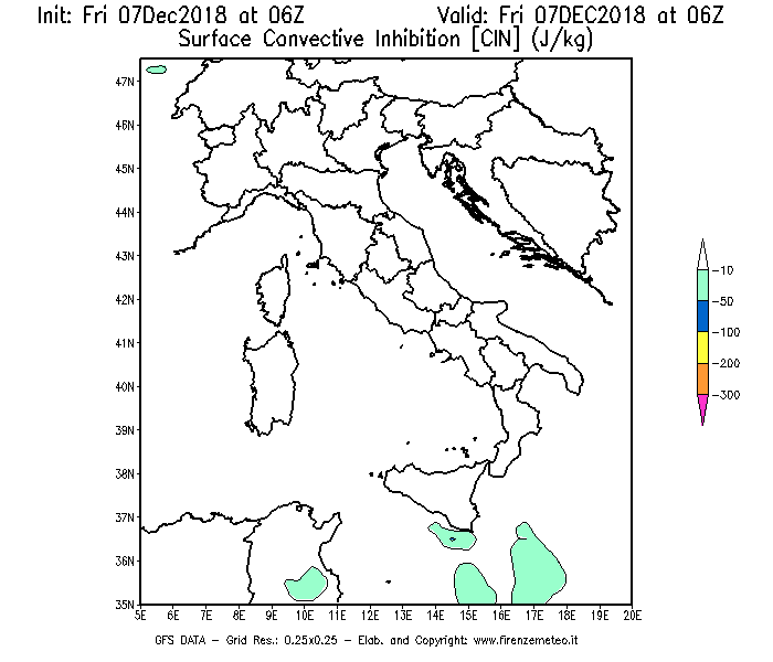 Mappa di analisi GFS - CIN [J/kg] in Italia
							del 07/12/2018 06 <!--googleoff: index-->UTC<!--googleon: index-->