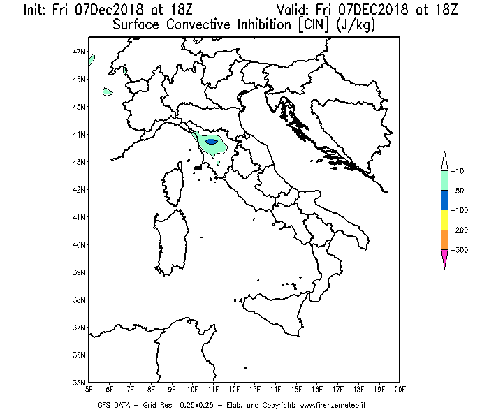 Mappa di analisi GFS - CIN [J/kg] in Italia
							del 07/12/2018 18 <!--googleoff: index-->UTC<!--googleon: index-->