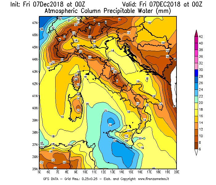 Mappa di analisi GFS - Precipitable Water [mm] in Italia
							del 07/12/2018 00 <!--googleoff: index-->UTC<!--googleon: index-->