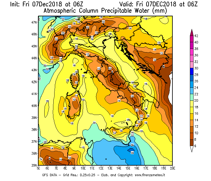 Mappa di analisi GFS - Precipitable Water [mm] in Italia
							del 07/12/2018 06 <!--googleoff: index-->UTC<!--googleon: index-->