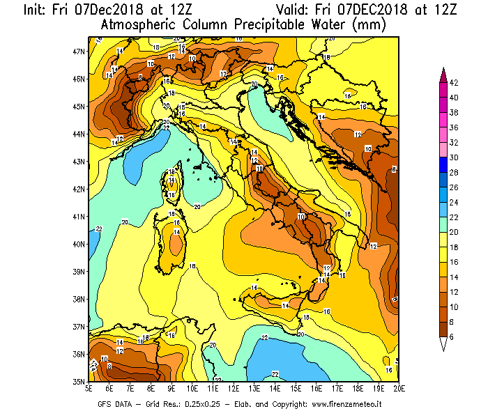Mappa di analisi GFS - Precipitable Water [mm] in Italia
							del 07/12/2018 12 <!--googleoff: index-->UTC<!--googleon: index-->