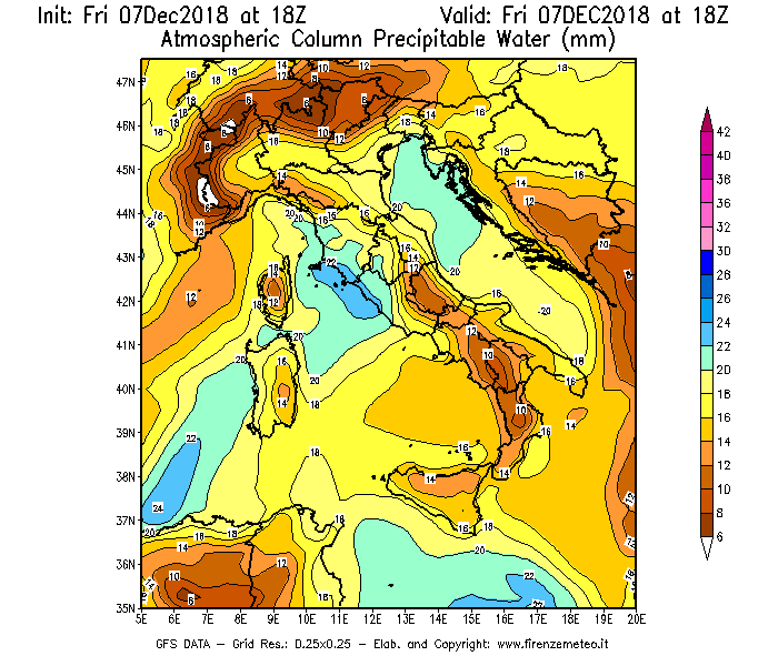 Mappa di analisi GFS - Precipitable Water [mm] in Italia
							del 07/12/2018 18 <!--googleoff: index-->UTC<!--googleon: index-->