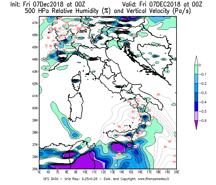 Mappa di analisi GFS - Umidità relativa [%] e Omega [Pa/s] a 500 hPa in Italia
							del 07/12/2018 00 <!--googleoff: index-->UTC<!--googleon: index-->