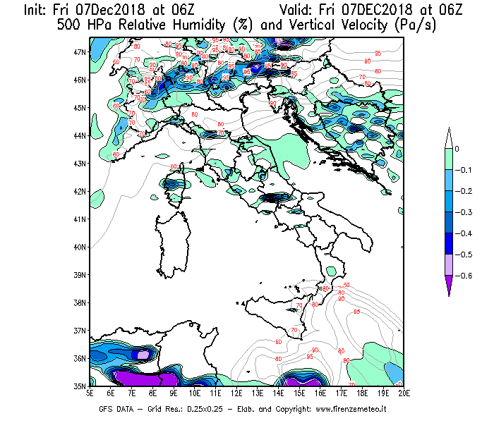 Mappa di analisi GFS - Umidità relativa [%] e Omega [Pa/s] a 500 hPa in Italia
							del 07/12/2018 06 <!--googleoff: index-->UTC<!--googleon: index-->
