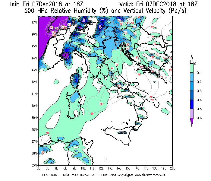 Mappa di analisi GFS - Umidità relativa [%] e Omega [Pa/s] a 500 hPa in Italia
							del 07/12/2018 18 <!--googleoff: index-->UTC<!--googleon: index-->