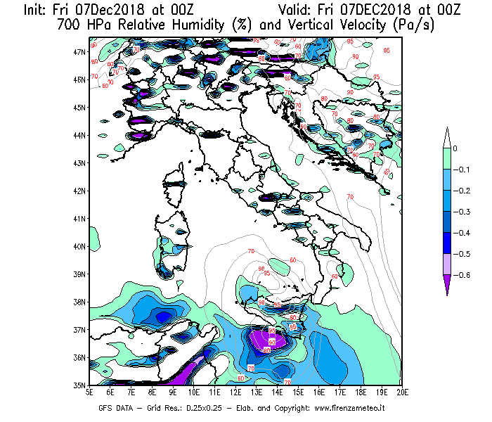 Mappa di analisi GFS - Umidità relativa [%] e Omega [Pa/s] a 700 hPa in Italia
							del 07/12/2018 00 <!--googleoff: index-->UTC<!--googleon: index-->