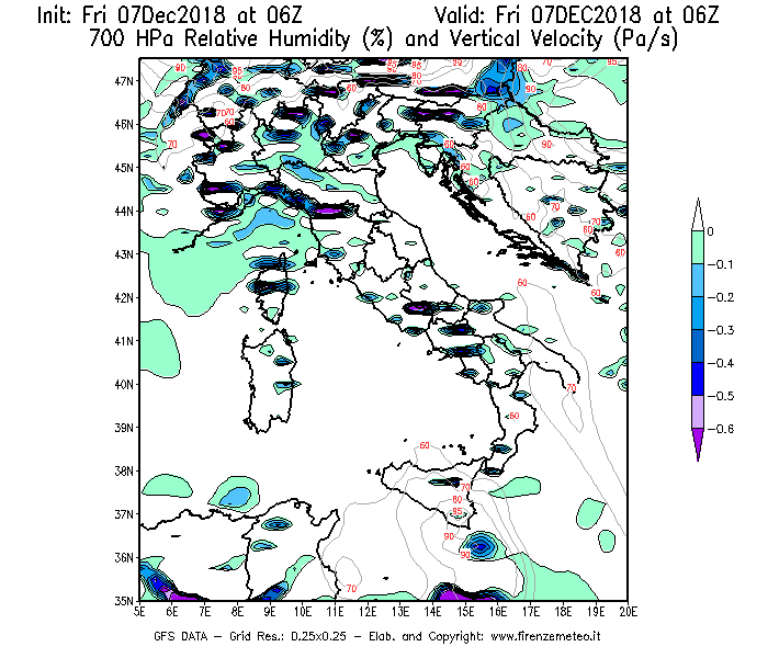 Mappa di analisi GFS - Umidità relativa [%] e Omega [Pa/s] a 700 hPa in Italia
							del 07/12/2018 06 <!--googleoff: index-->UTC<!--googleon: index-->